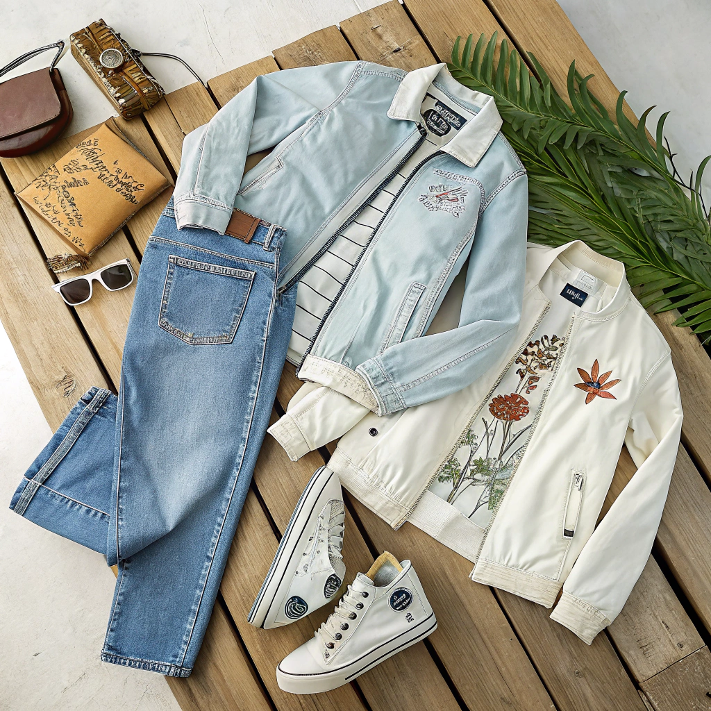 Curated textile apparel flat lay with natural lighting
